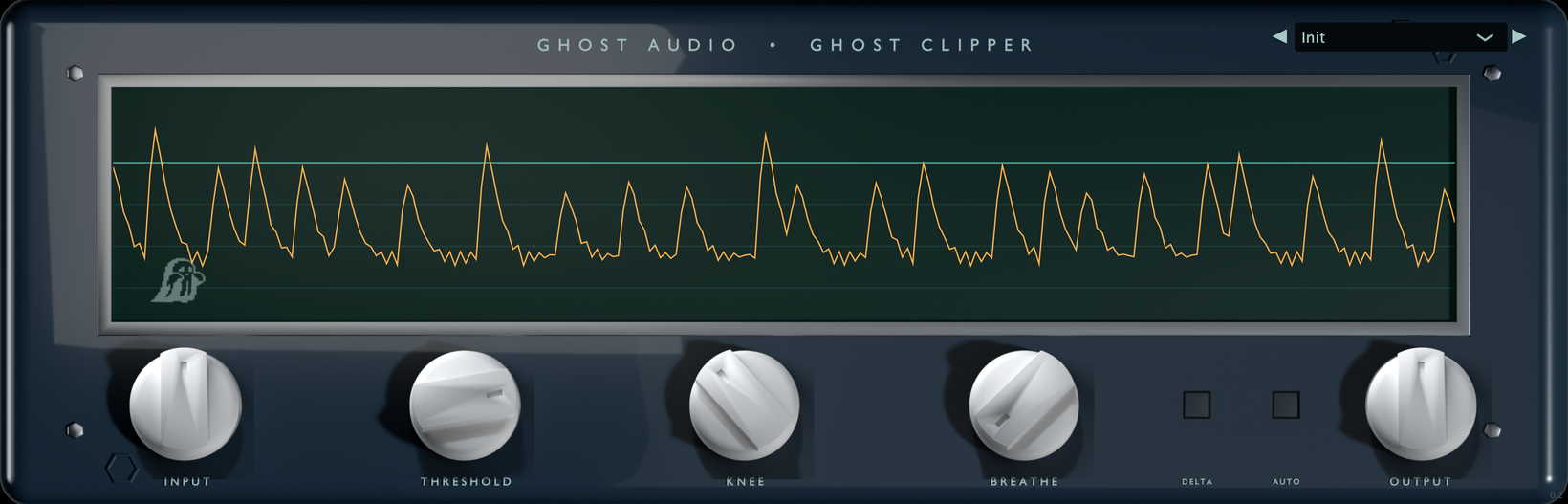 Ghost Clipper plugin window — LED scope with the ghost riding the threshold line, INPUT, THRESHOLD, KNEE, BREATHE and OUTPUT knobs