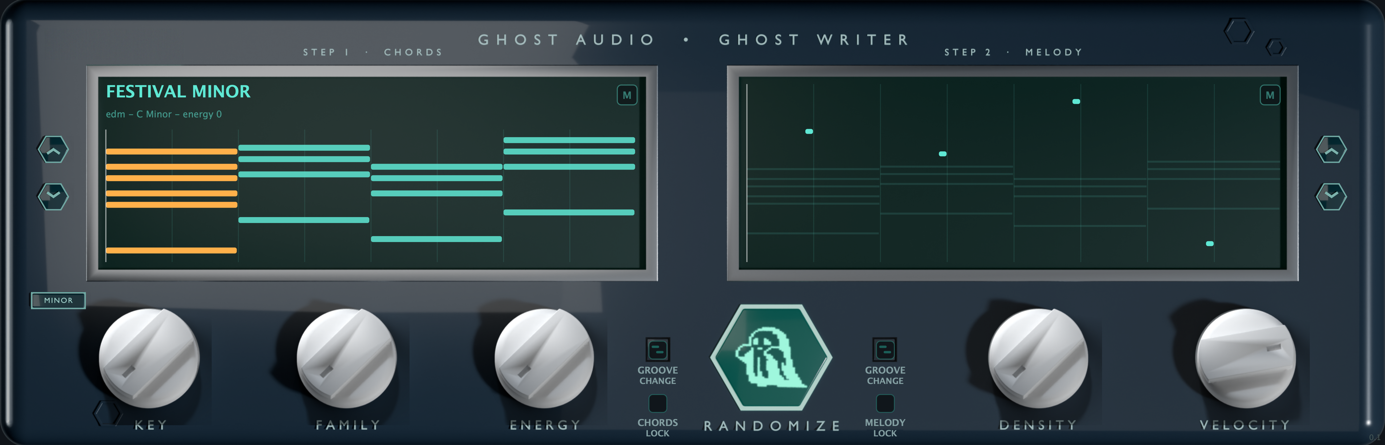 Ghost Writer plugin window — chord screen, melody screen, RANDOMIZE, and the genre dials