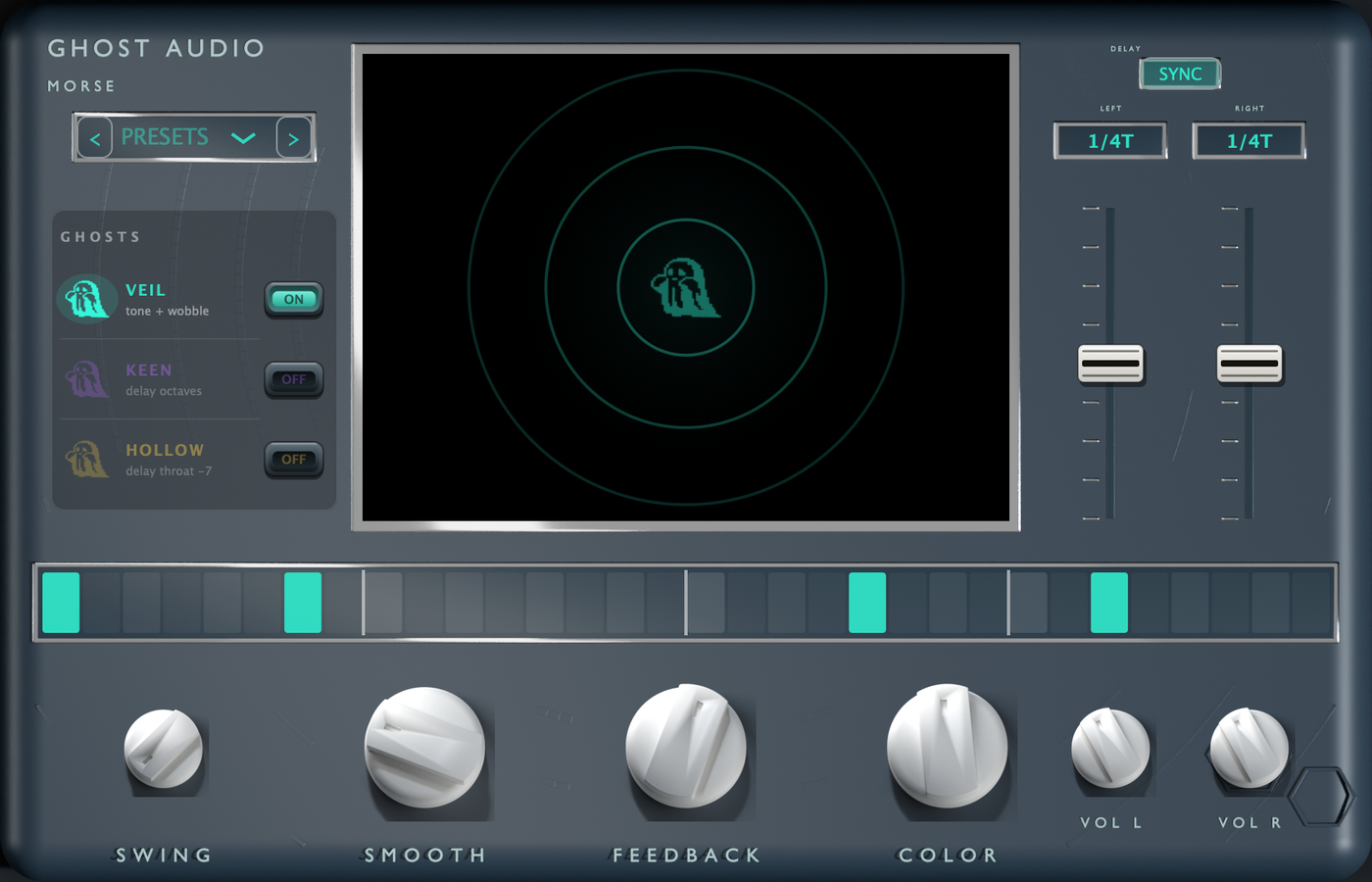 Morse plugin window — GHOSTS panel with VEIL, KEEN and HOLLOW, the radar screen with the ghost in the middle, the editable 32-slot gate strip, and SWING, SMOOTH, FEEDBACK, COLOR and the two delay volume knobs