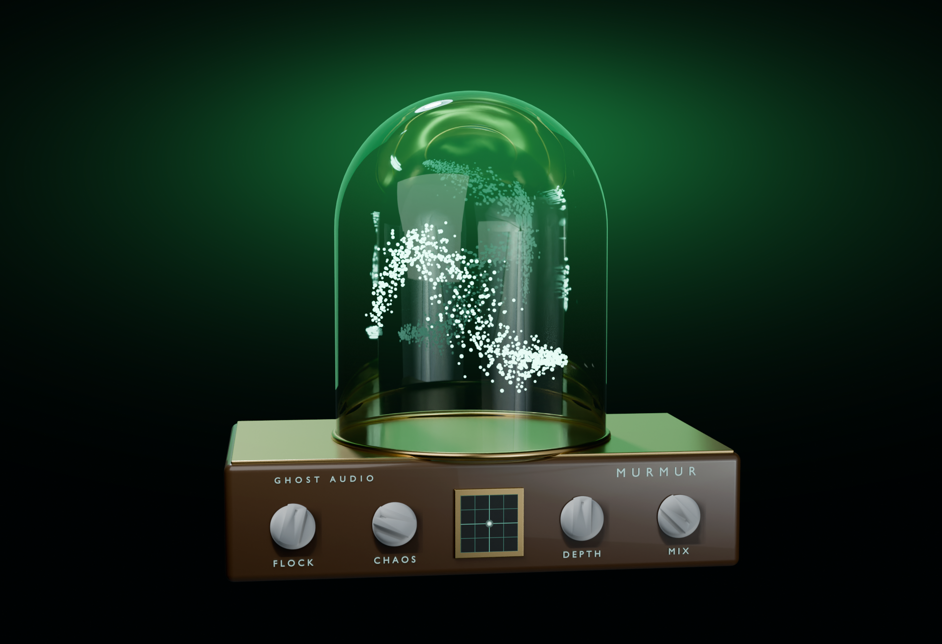 Murmur — the bell-jar flocking chorus, FLOCK CHAOS DEPTH MIX and the live XY screen, green backlit