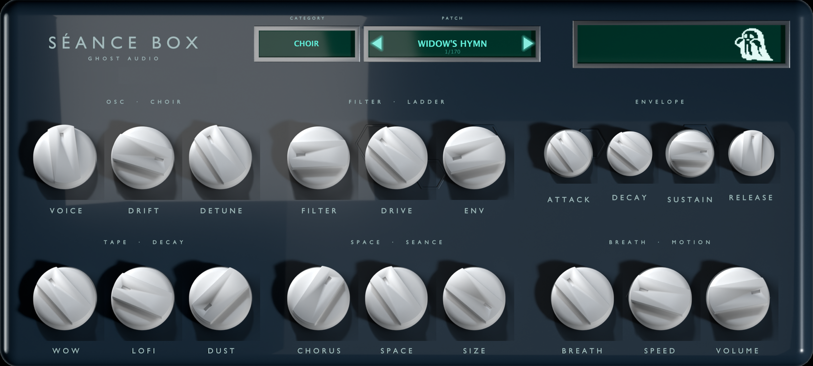 Seance Box software instrument window — bell-jar seance synth voiced by a vowel-morphing wavetable choir