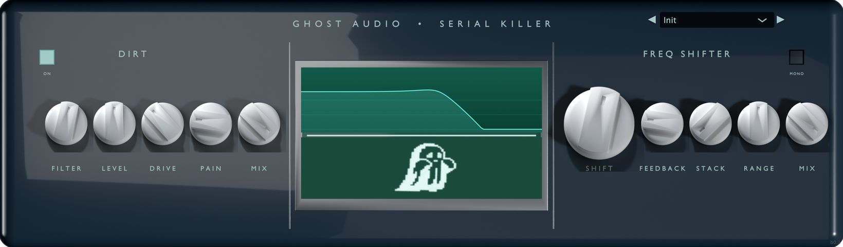 Serial Killer plugin window — horizontal two-module box, DIRT filter section into frequency shifter, live filter curve on the screen with the ghost behind it