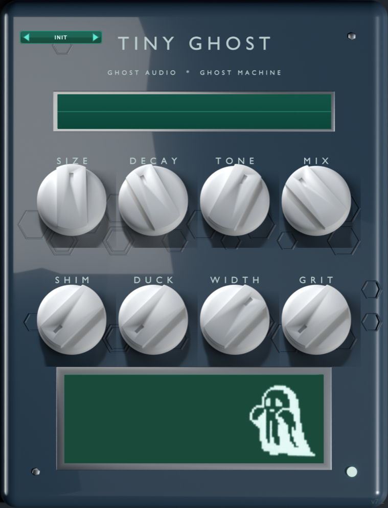 Tiny Ghost plugin window — SIZE, DECAY, TONE and MIX on the top row, SHIM, DUCK, WIDTH and GRIT underneath, ghost screen at the bottom